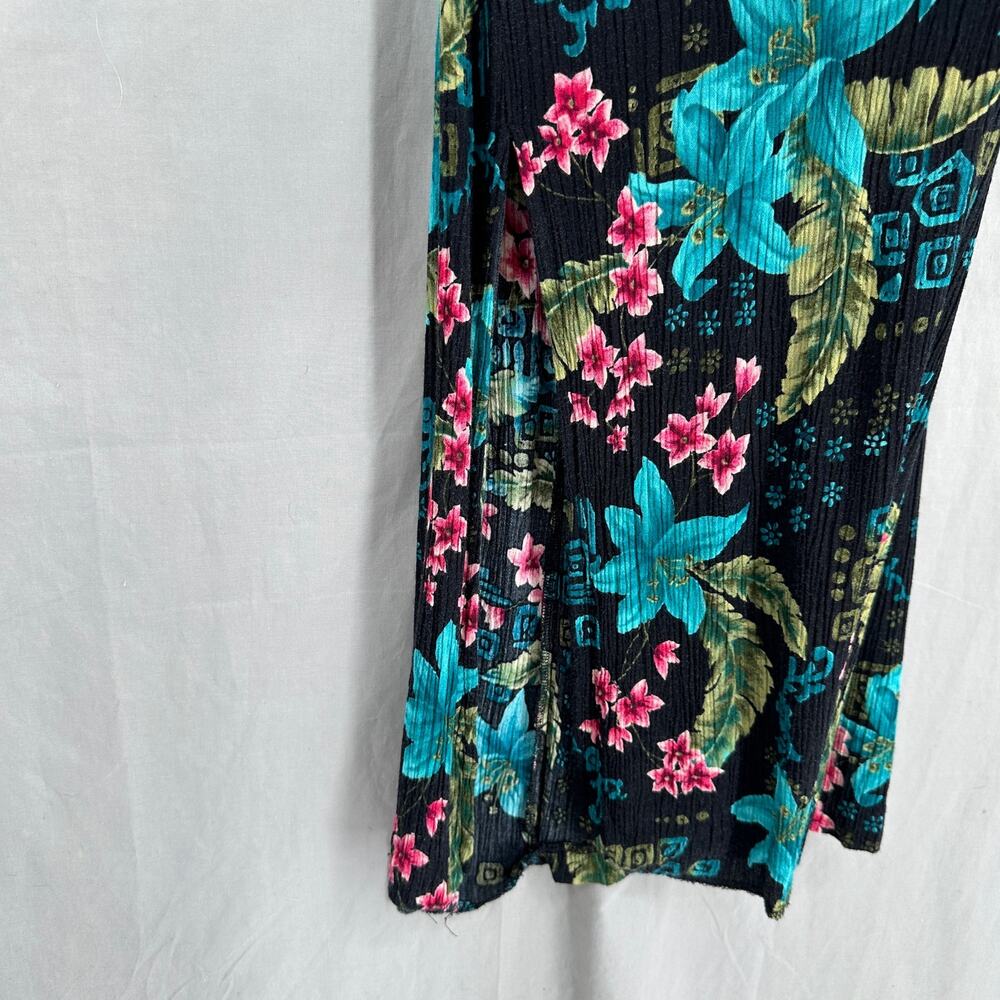 90s Vintage Dress Womens Medium Black Floral Maxi Colorful Pink Tropical Boho - Picture 4 of 7